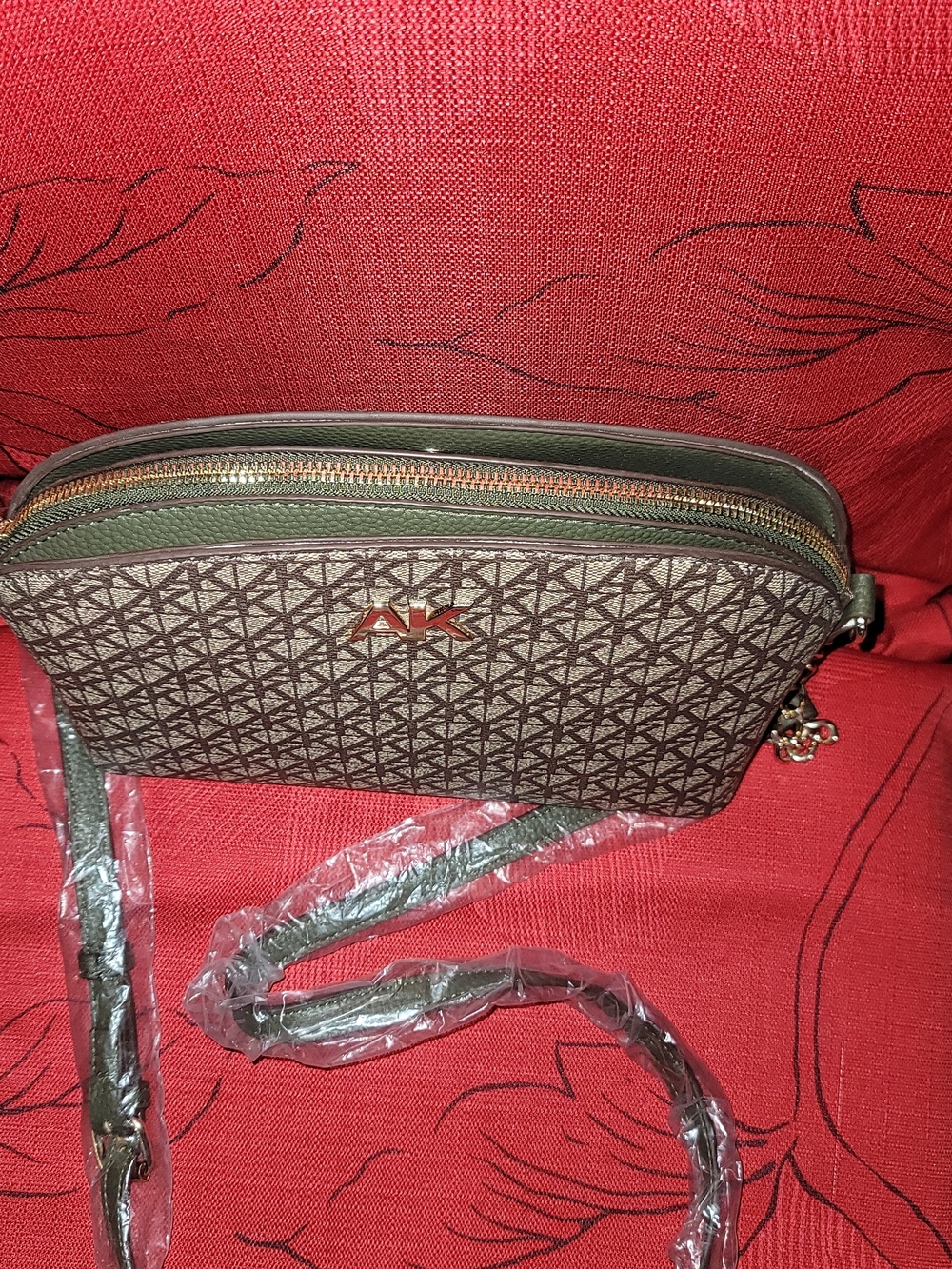 Anne Klein Taupe Monogram Crossbody with Gold AK Logo - Picture 2 of 7